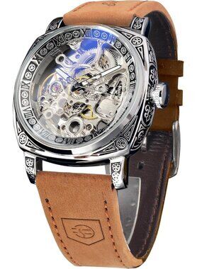 Men's Silver Brown Mechanical Leather Strap Self-Wind Carved Automatic Watch